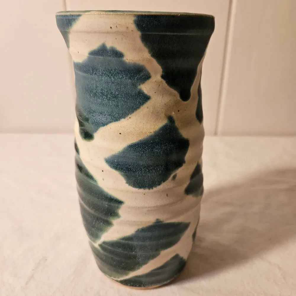 Handmade Pottery Vase Turquoise & White, Unique, Home Decor, Signed‎